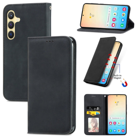 For Samsung Galaxy S25 5G Retro Skin Feel Magnetic Leather Phone Case(Black) - Galaxy S25 5G Cases by PMC Jewellery | Online Shopping South Africa | PMC Jewellery | Buy Now Pay Later Mobicred