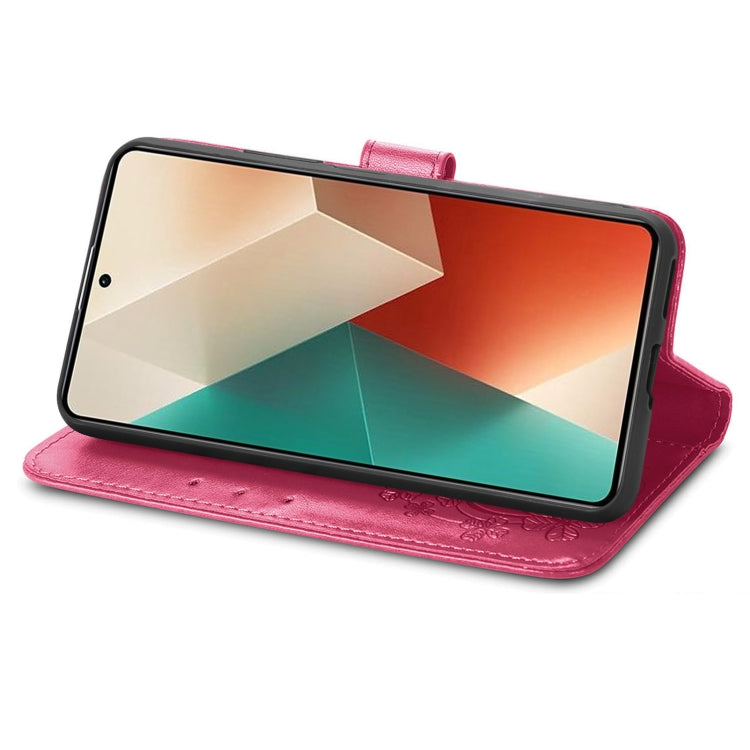 For Xiaomi Redmi Note 13 4G Four-leaf Clasp Embossed Leather Phone Case(Magenta) - Note 13 Cases by PMC TechLife | Online Shopping South Africa | PMC TechLife | Buy Now Pay Later Mobicred