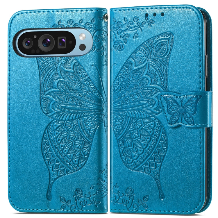 For Google Pixel 9 Butterfly Love Flower Embossed Leather Phone Case(Blue) - Google Cases by PMC TechLife | Online Shopping South Africa | PMC TechLife | Buy Now Pay Later Mobicred