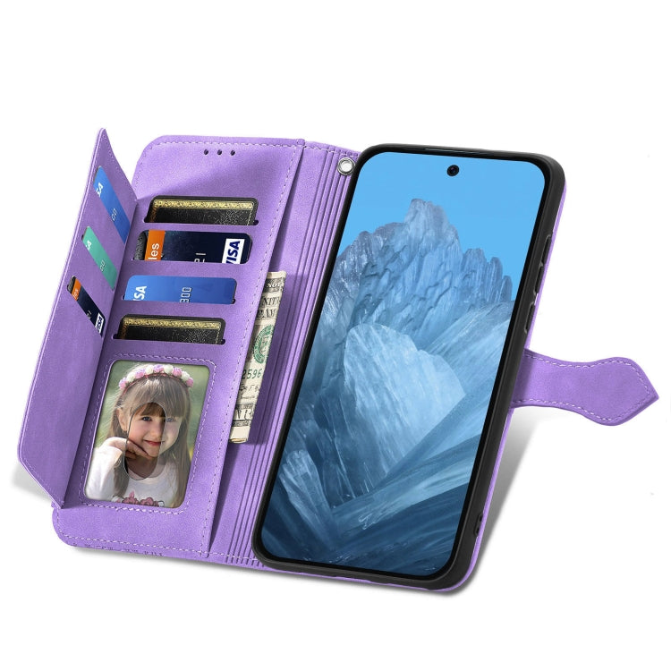 For Google Pixel 9 Embossed Flower Zipper Leather Phone Case(Purple) - Google Cases by PMC TechLife | Online Shopping South Africa | PMC TechLife | Buy Now Pay Later Mobicred