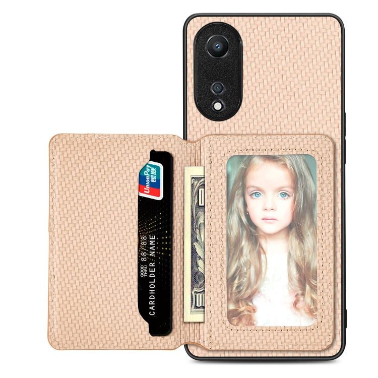 For OPPO A78 Carbon Fiber Magnetic Card Bag Phone Case(Khaki) - OPPO Cases by PMC TechLife | Online Shopping South Africa | PMC TechLife