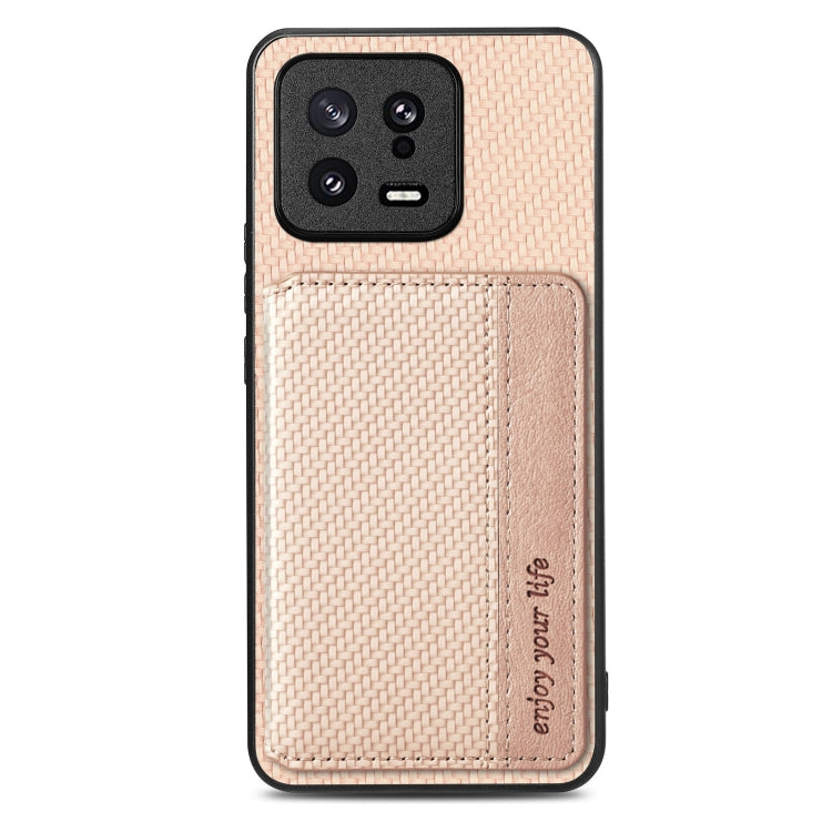 For Xiaomi 13 Carbon Fiber Magnetic Card Bag Phone Case(Khaki) - 13 Cases by PMC TechLife | Online Shopping South Africa | PMC TechLife | Buy Now Pay Later Mobicred