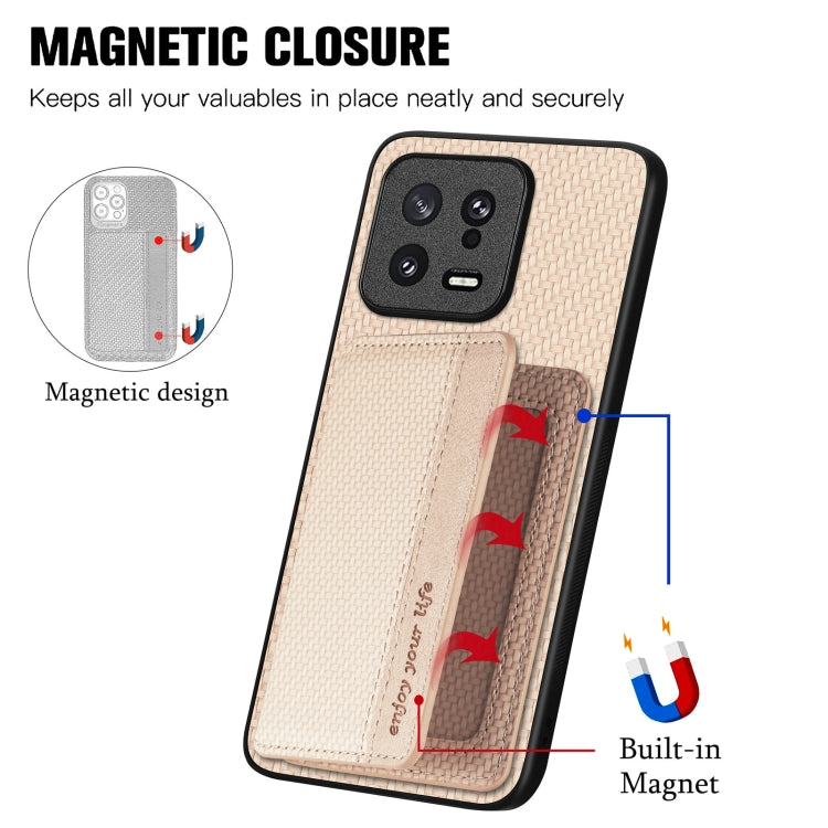 For Xiaomi 13 Carbon Fiber Magnetic Card Bag Phone Case(Khaki) - 13 Cases by PMC TechLife | Online Shopping South Africa | PMC TechLife | Buy Now Pay Later Mobicred