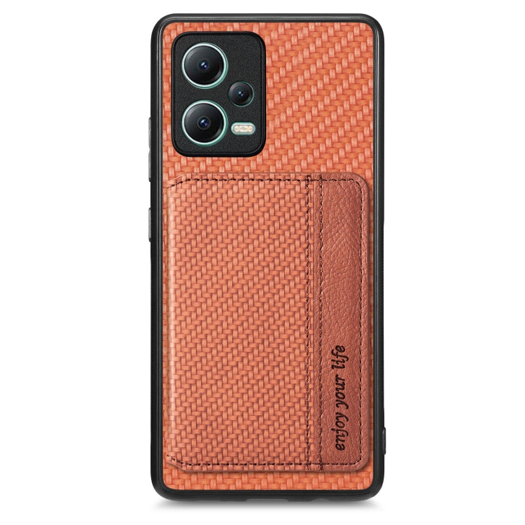 For Redmi Note 12 5G Carbon Fiber Magnetic Card Bag Phone Case(Brown) - Xiaomi Cases by PMC TechLife | Online Shopping South Africa | PMC TechLife | Buy Now Pay Later Mobicred