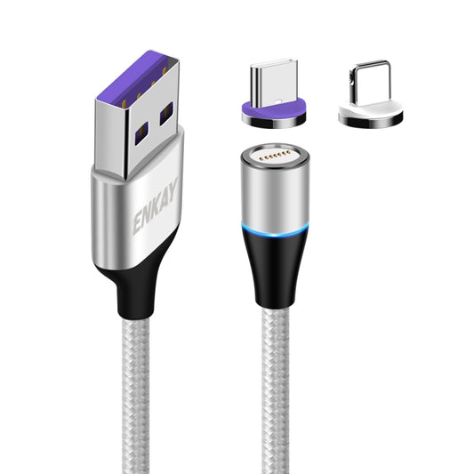 ENKAY 2 in 1 5A USB to Type-C + 8 Pin Magnetic Fast Charging Data Cable with LED Light, Length: 1m(Silver) - Charging Cable & Head by ENKAY | Online Shopping South Africa | PMC Jewellery | Buy Now Pay Later Mobicred