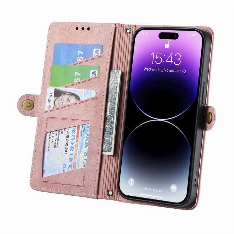For iPhone 13 Pro Max Geometric Zipper Wallet Side Buckle Leather Phone Case(Pink) - free shipping - PMC TechLife - Order now!