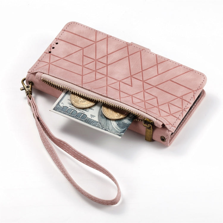 For iPhone 13 Pro Max Geometric Zipper Wallet Side Buckle Leather Phone Case(Pink) - free shipping - PMC TechLife - Order now!
