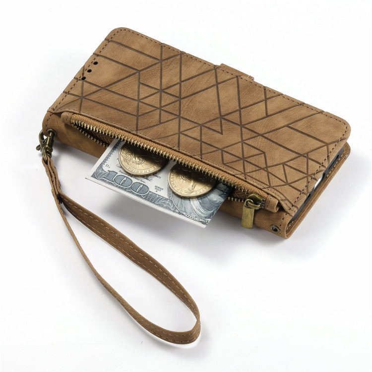 For iPhone 11 Pro Max Geometric Zipper Wallet Side Buckle Leather Phone Case(Brown) - free shipping - PMC TechLife - Order now!