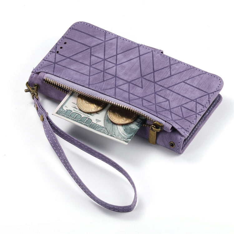 For iPhone 15 Plus Geometric Zipper Wallet Side Buckle Leather Phone Case(Purple) - free shipping - PMC TechLife - Order now!