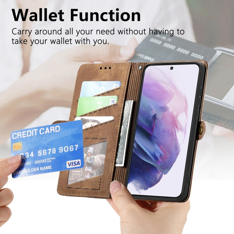 For Samsung Galaxy S21 5G Geometric Zipper Wallet Side Buckle Leather Phone Case(Brown) - free shipping - PMC TechLife - Order now!