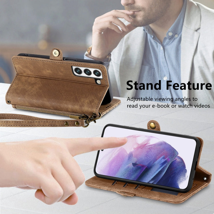 For Samsung Galaxy S20 Ultra Geometric Zipper Wallet Side Buckle Leather Phone Case(Brown) - free shipping - PMC TechLife - Order now!