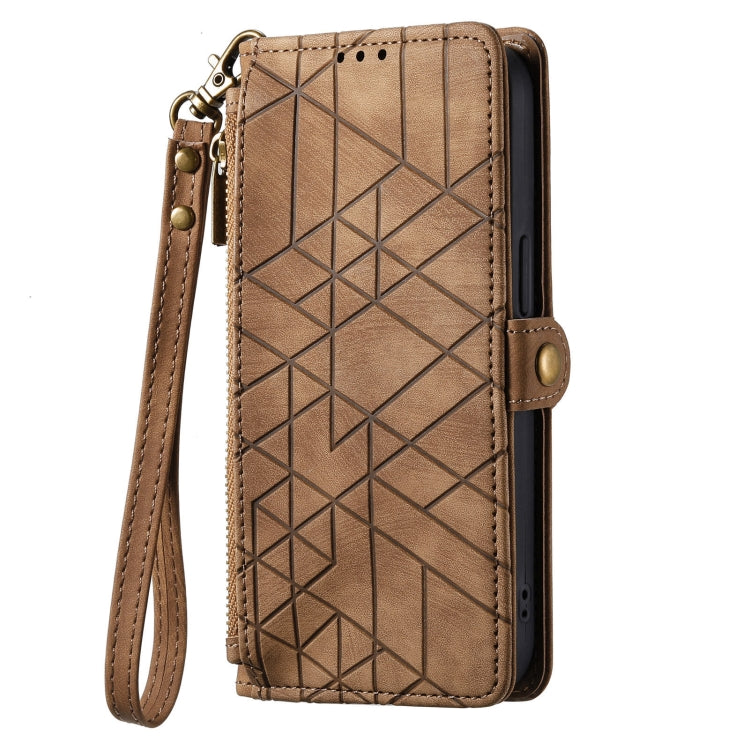 For Samsung Galaxy A30 Geometric Zipper Wallet Side Buckle Leather Phone Case(Brown) - free shipping - PMC TechLife - Order now!