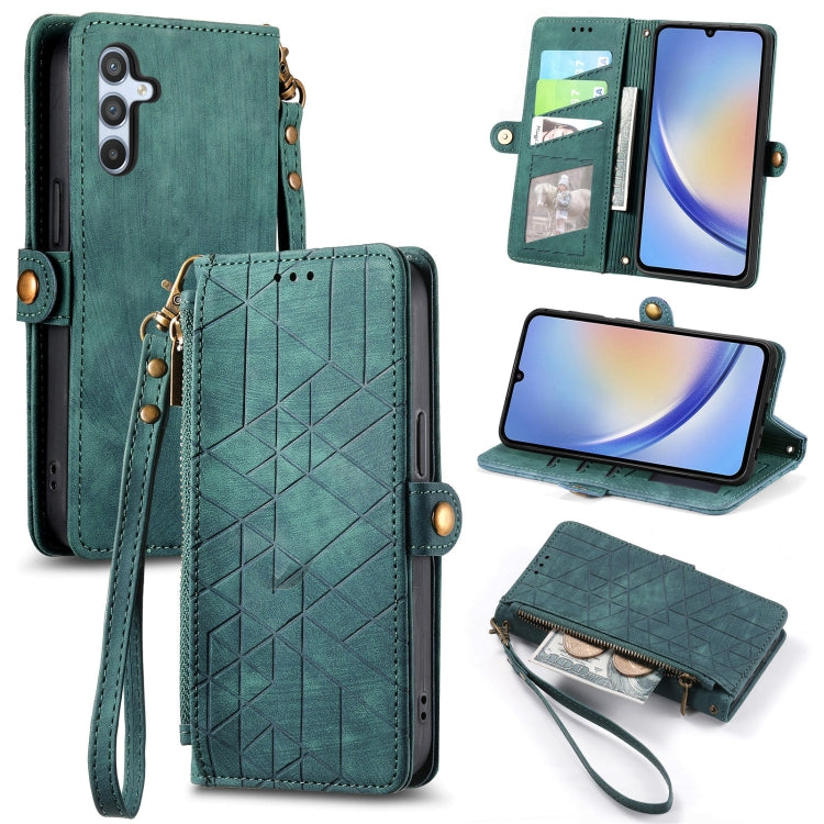 For Samsung Galaxy A12 Geometric Zipper Wallet Side Buckle Leather Phone Case(Green) - free shipping - PMC TechLife - Order now!