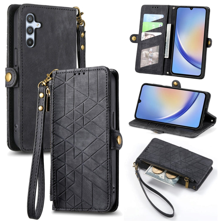 For Samsung Galaxy A12 Geometric Zipper Wallet Side Buckle Leather Phone Case(Black) - free shipping - PMC TechLife - Order now!