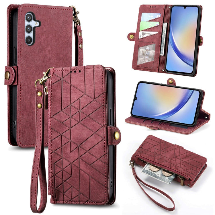 For Samsung Galaxy A21S Geometric Zipper Wallet Side Buckle Leather Phone Case(Red) - free shipping - PMC TechLife - Order now!