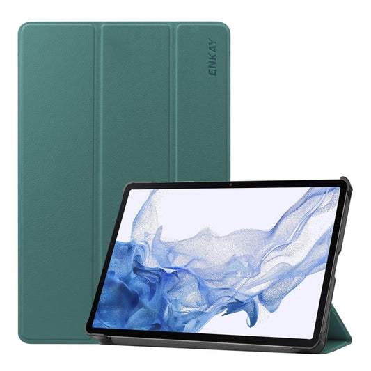 For Samsung Galaxy Tab S9 ENKAY Tri-fold Custer Texture Leather Smart Tablet Case(Dark Green) - Galaxy Tab S9 Cases by ENKAY | Online Shopping South Africa | PMC Jewellery | Buy Now Pay Later Mobicred