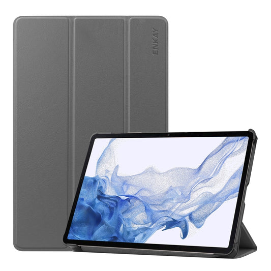 For Samsung Galaxy Tab S9 ENKAY Tri-fold Custer Texture Leather Smart Tablet Case(Grey) - Galaxy Tab S9 Cases by ENKAY | Online Shopping South Africa | PMC Jewellery | Buy Now Pay Later Mobicred