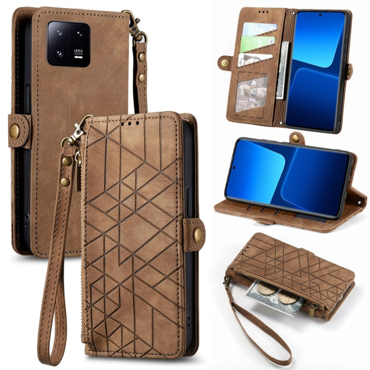 For Xiaomi 13 Pro Geometric Zipper Wallet Side Buckle Leather Phone Case(Brown) - Xiaomi Cases by PMC TechLife | Online Shopping South Africa | PMC TechLife | Buy Now Pay Later Mobicred