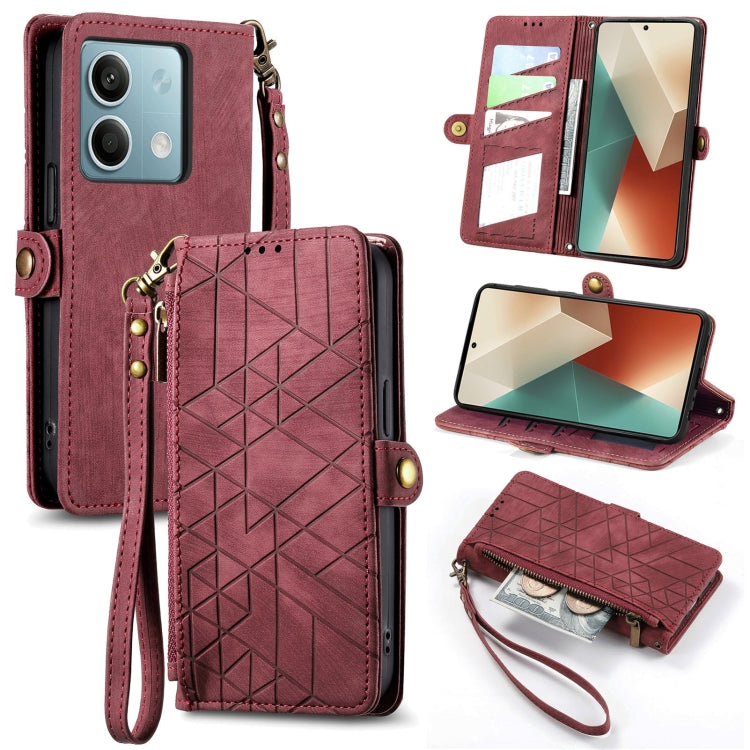 For Redmi Note 13 4G Geometric Zipper Wallet Side Buckle Leather Phone Case(Red) - Note 13 Cases by PMC TechLife | Online Shopping South Africa | PMC TechLife | Buy Now Pay Later Mobicred