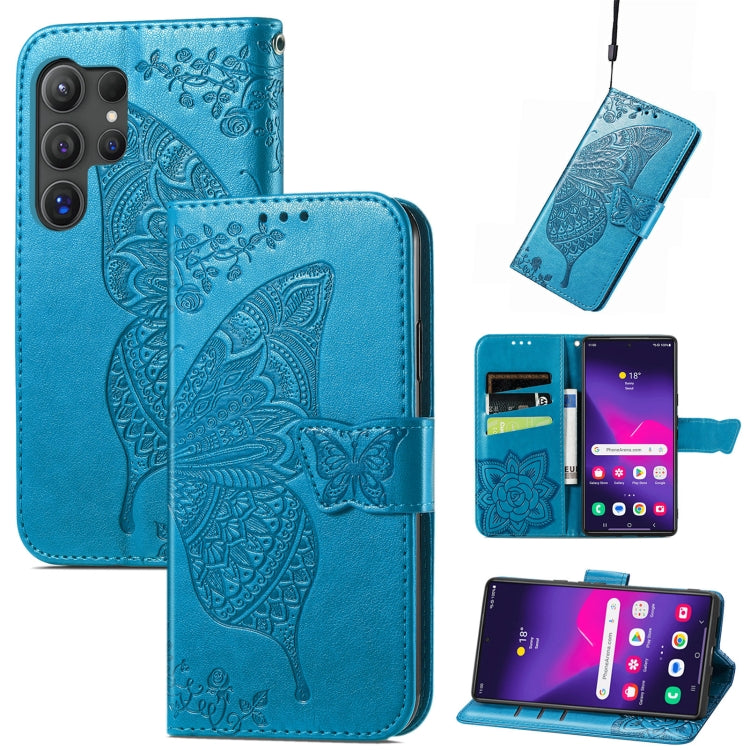 For Samsung Galaxy S25 Ultra 5G Butterfly Love Flower Embossed Leather Phone Case(Blue) - Galaxy S25 Ultra 5G Cases by PMC Jewellery | Online Shopping South Africa | PMC Jewellery | Buy Now Pay Later Mobicred