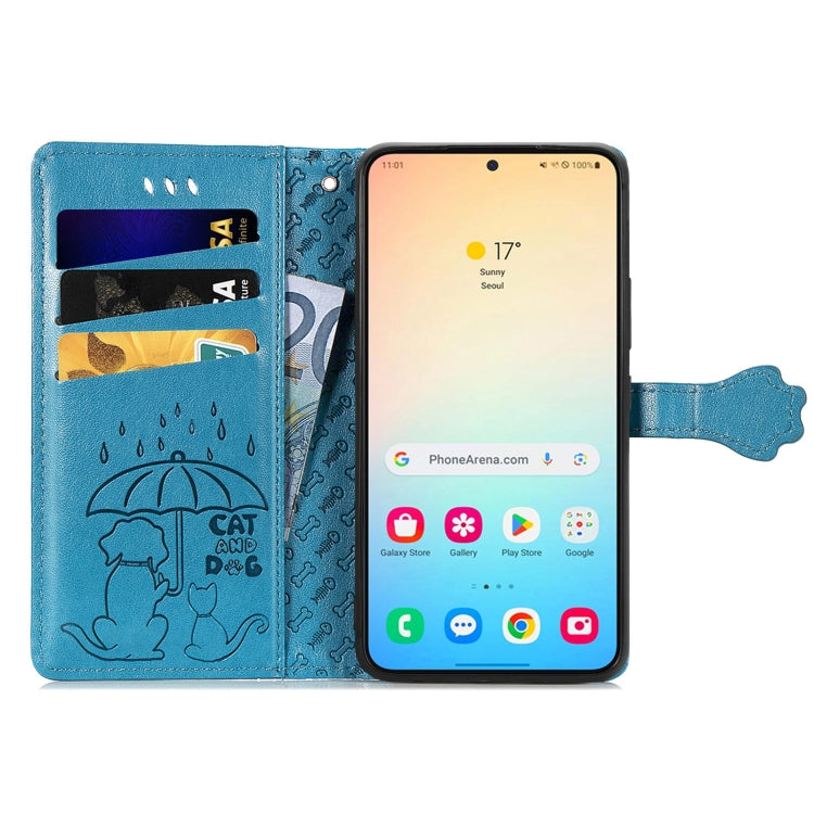For Samsung Galaxy S25 5G Cat and Dog Embossed Leather Phone Case(Blue) - Galaxy S25 5G Cases by PMC Jewellery | Online Shopping South Africa | PMC Jewellery | Buy Now Pay Later Mobicred