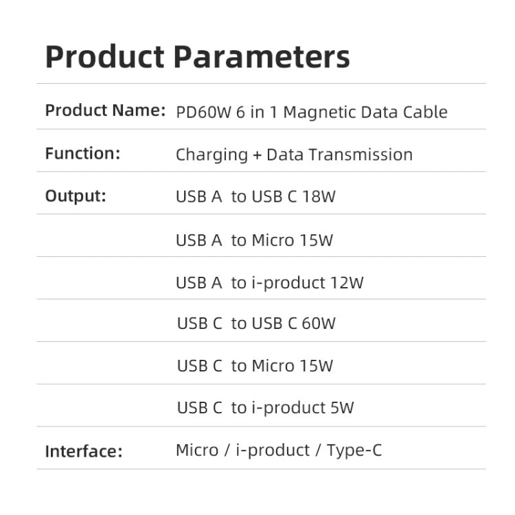 ENKAY 6-in-1 PD60W USB-A / Type-C to Type-C / 8 Pin / Micro USB Magnetic Fast Charging Cable, Cable Length:1m(Black) - Charging Cable & Head by ENKAY | Online Shopping South Africa | PMC Jewellery