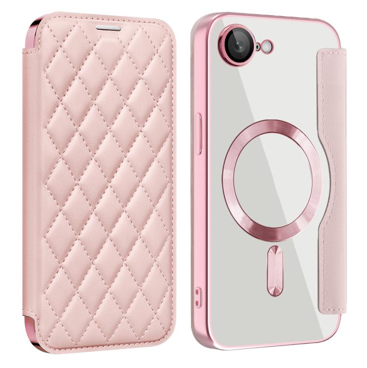For iPhone 16e Shield Magsafe RFID Anti-theft Rhombus Leather Phone Case(Pink) - iPhone 16e Cases by PMC TechLife | Online Shopping South Africa | PMC TechLife | Buy Now Pay Later Mobicred