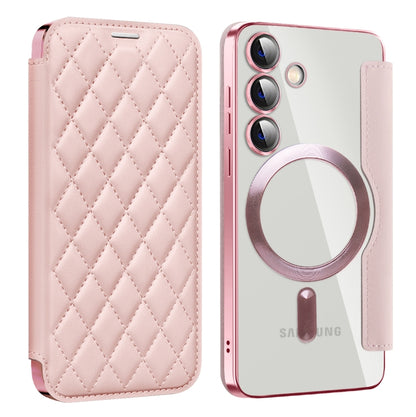 For Samsung Galaxy S25 5G Shield MagSafe RFID Anti-theft Rhombus Leather Phone Case(Pink) - Galaxy S25 5G Cases by PMC Jewellery | Online Shopping South Africa | PMC Jewellery | Buy Now Pay Later Mobicred