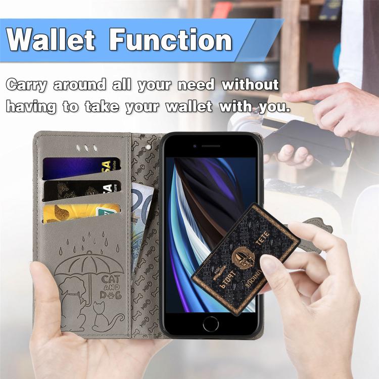 For iPhone 16e Cat and Dog Embossed Leather Phone Case(Gray) - iPhone 16e Cases by PMC TechLife | Online Shopping South Africa | PMC TechLife | Buy Now Pay Later Mobicred
