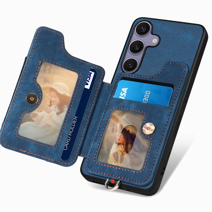 For Samsung Galaxy S25 5G Retro Skin-feel Ring Multi-card Wallet Phone Case(Blue) - Galaxy S25 5G Cases by PMC Jewellery | Online Shopping South Africa | PMC Jewellery | Buy Now Pay Later Mobicred