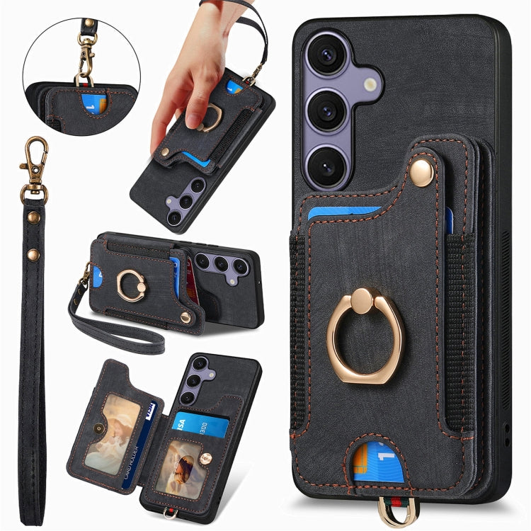 For Samsung Galaxy S25+ 5G Retro Skin-feel Ring Multi-card Wallet Phone Case(Black) - Galaxy S25+ 5G Cases by PMC Jewellery | Online Shopping South Africa | PMC Jewellery | Buy Now Pay Later Mobicred