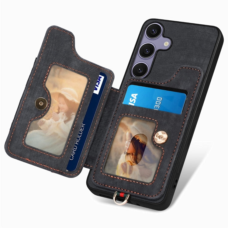 For Samsung Galaxy S25+ 5G Retro Skin-feel Ring Multi-card Wallet Phone Case(Black) - Galaxy S25+ 5G Cases by PMC TechLife | Online Shopping South Africa | PMC TechLife | Buy Now Pay Later Mobicred