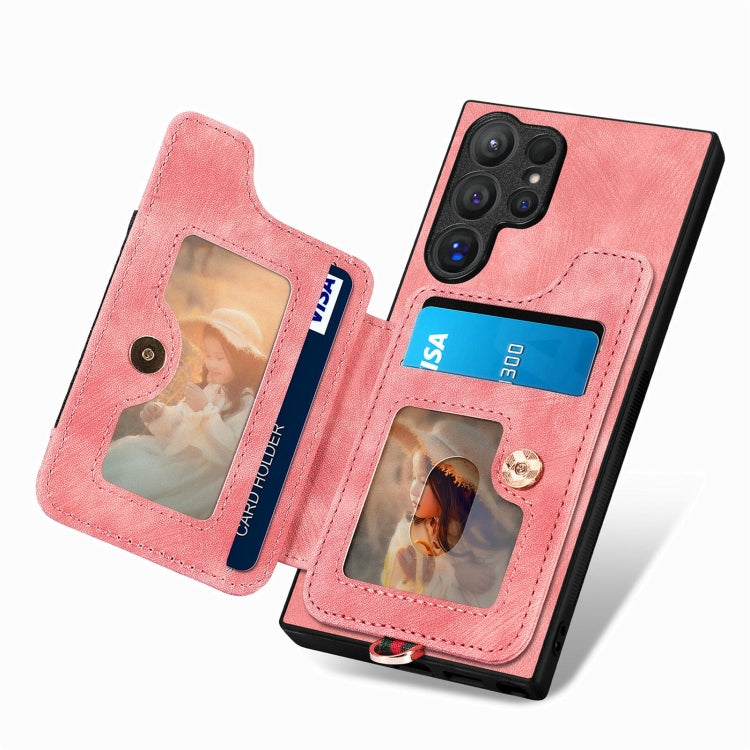 For Samsung Galaxy S25 Ultra 5G Retro Skin-feel Ring Multi-card Wallet Phone Case(Pink) - Galaxy S25 Ultra 5G Cases by PMC Jewellery | Online Shopping South Africa | PMC Jewellery | Buy Now Pay Later Mobicred