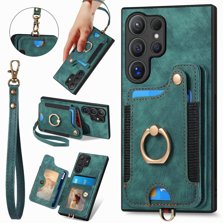 For Samsung Galaxy S25 Ultra 5G Retro Skin-feel Ring Multi-card Wallet Phone Case(Green) - Galaxy S25 Ultra 5G Cases by PMC Jewellery | Online Shopping South Africa | PMC Jewellery | Buy Now Pay Later Mobicred