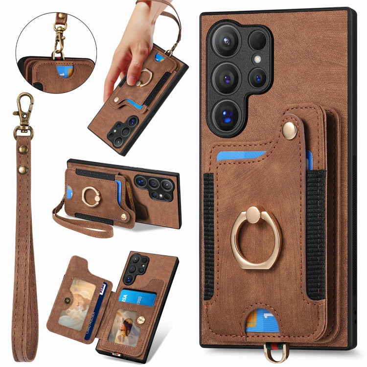 For Samsung Galaxy S25 Ultra 5G Retro Skin-feel Ring Multi-card Wallet Phone Case(Brown) - Galaxy S25 Ultra 5G Cases by PMC Jewellery | Online Shopping South Africa | PMC Jewellery | Buy Now Pay Later Mobicred