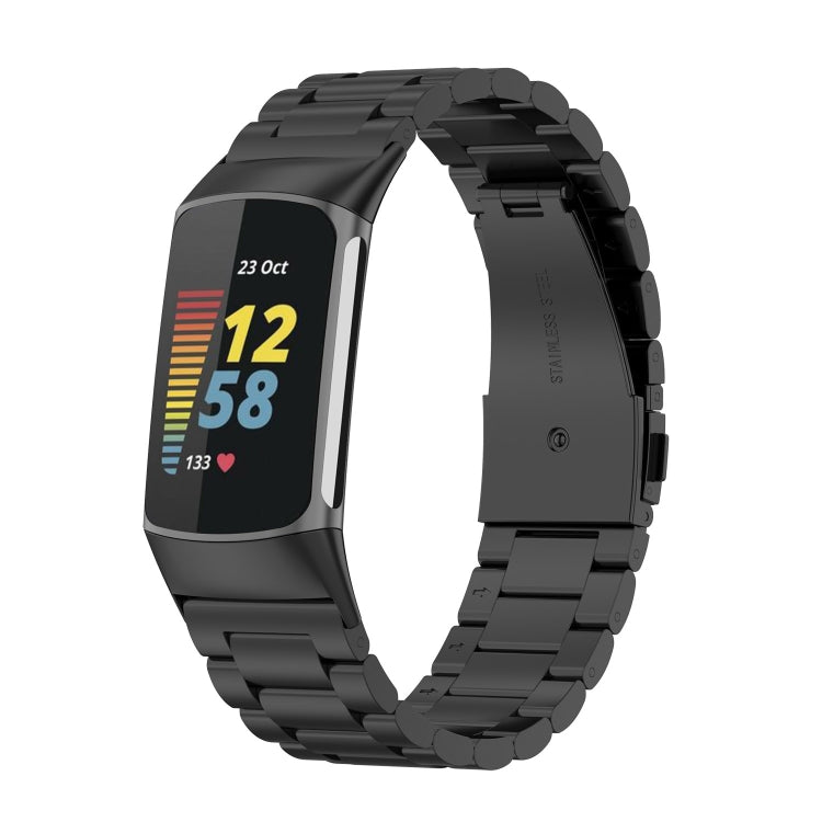 For Fitbit Charge 6 Three Beads Stainless Steel Metal Watch Band(Black) - Watch Bands by PMC TechLife | Online Shopping South Africa | PMC TechLife | Buy Now Pay Later Mobicred