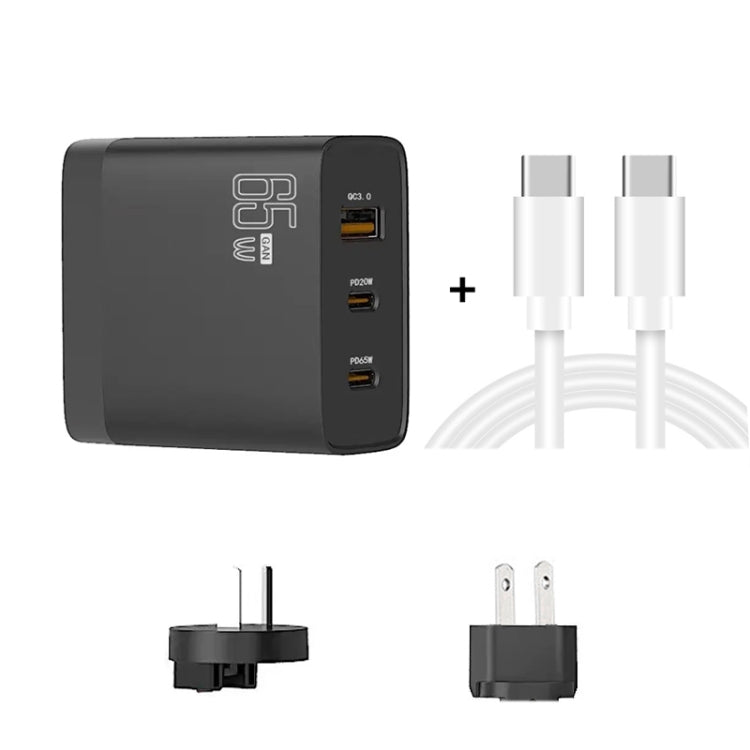 GAN 65W PD45W Dual Type-C / QC3.0 USB  Multi Compatible Charger + 2m USB-C to USB-C Data Cable AU + US Plug Black - Cable & Adapter by PMC Jewellery | Online Shopping South Africa | PMC Jewellery | Buy Now Pay Later Mobicred