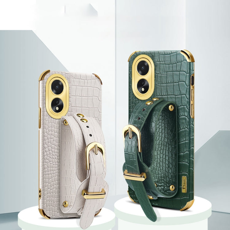 For OPPO A38 Electroplated Wrist Strap Crocodile Leather Back Phone Case(White) - OPPO Cases by PMC TechLife | Online Shopping South Africa | PMC TechLife | Buy Now Pay Later Mobicred