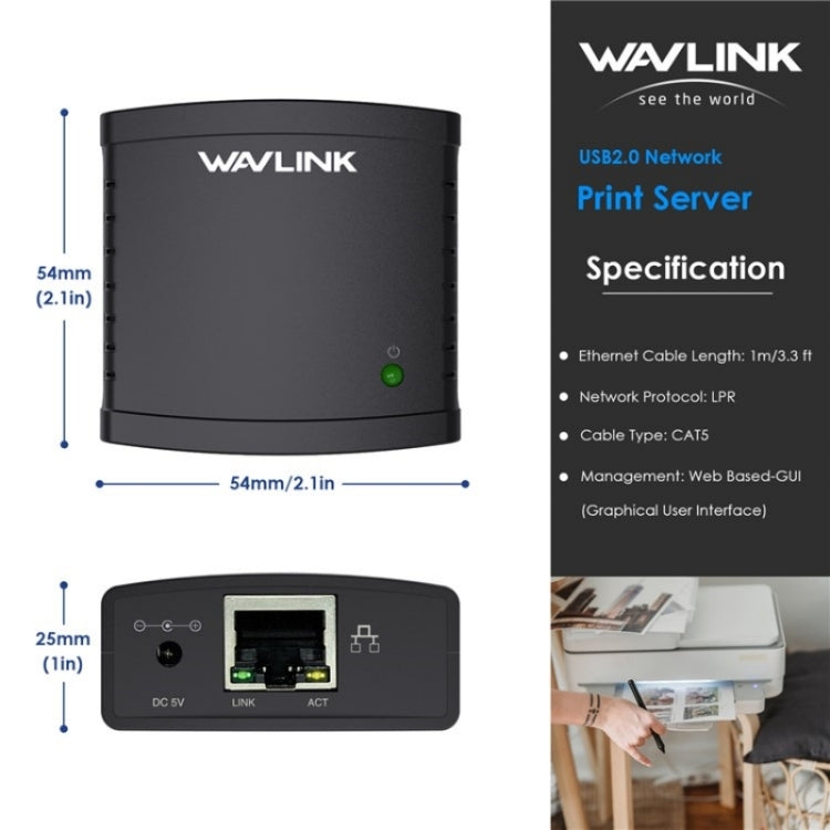 WAVLINK NU72P11 100Mbps Network Print Server USB 2.0 Network Printer Power Adapter(US Plug) - Printer Accessories by WAVLINK | Online Shopping South Africa | PMC Jewellery | Buy Now Pay Later Mobicred