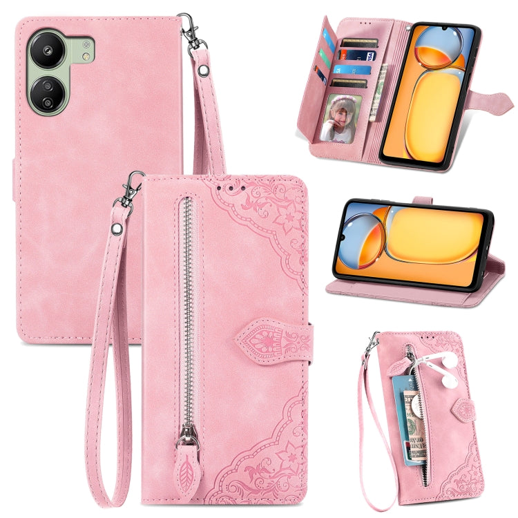 For Xiaomi Redmi 13C Embossed Flower Zipper Leather Phone Case(Pink) - 13C Cases by PMC TechLife | Online Shopping South Africa | PMC TechLife