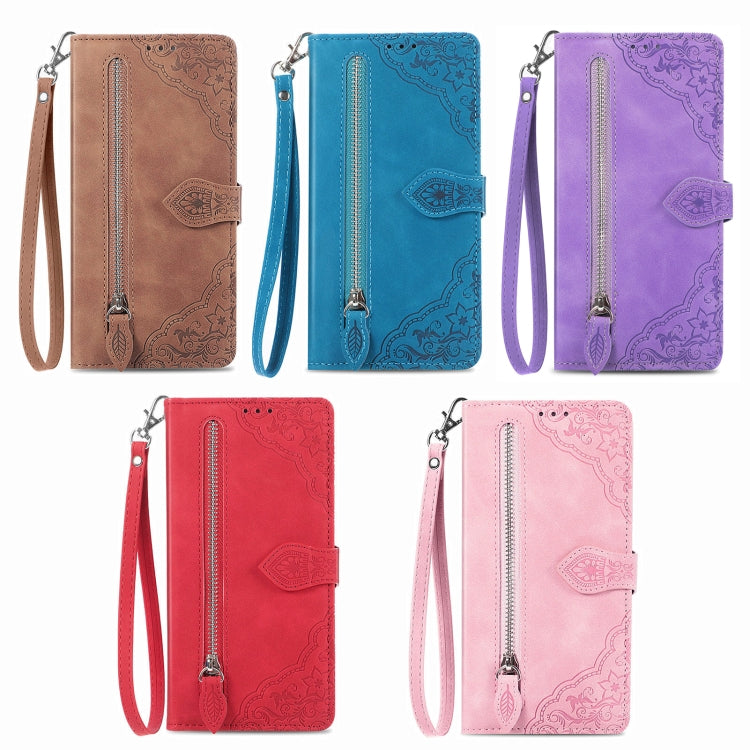For Xiaomi Redmi 13C Embossed Flower Zipper Leather Phone Case(Pink) - 13C Cases by PMC TechLife | Online Shopping South Africa | PMC TechLife