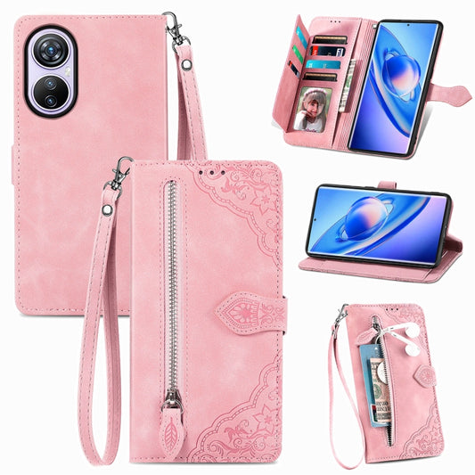 For Blackview A200 Pro Embossed Flower Zipper Leather Phone Case(Pink) - More Brand by PMC Jewellery | Online Shopping South Africa | PMC Jewellery