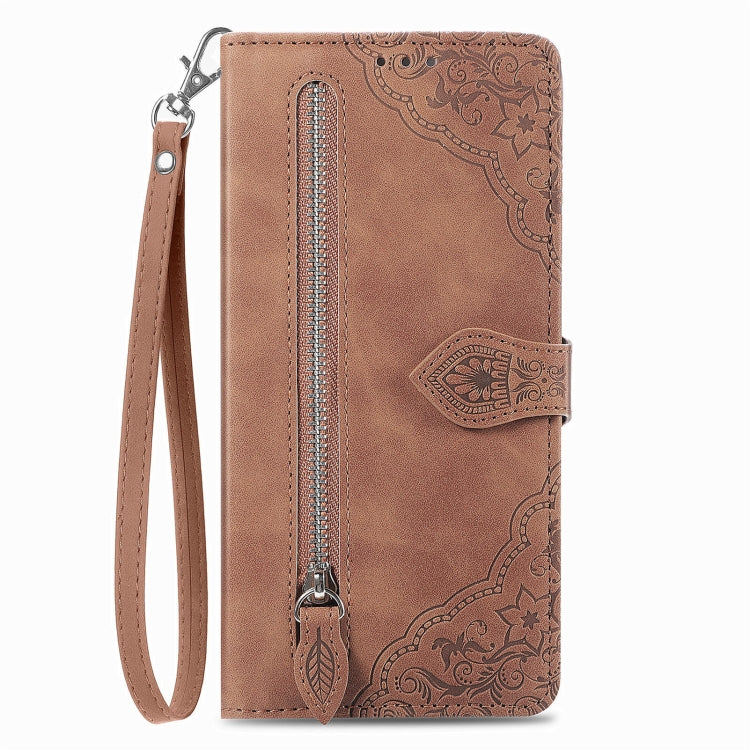 For Blackview A200 Pro Embossed Flower Zipper Leather Phone Case(Brown) - More Brand by PMC Jewellery | Online Shopping South Africa | PMC Jewellery