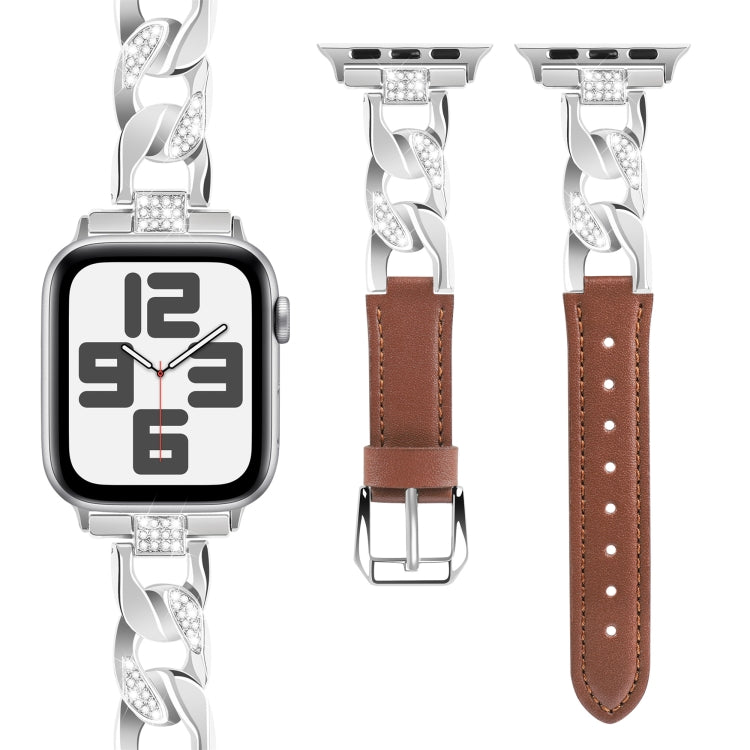 For Apple Watch Series 5 44mm Rhinestone Denim Chain Leather Watch Band(Brown) - Watch Bands by PMC Jewellery | Online Shopping South Africa | PMC Jewellery