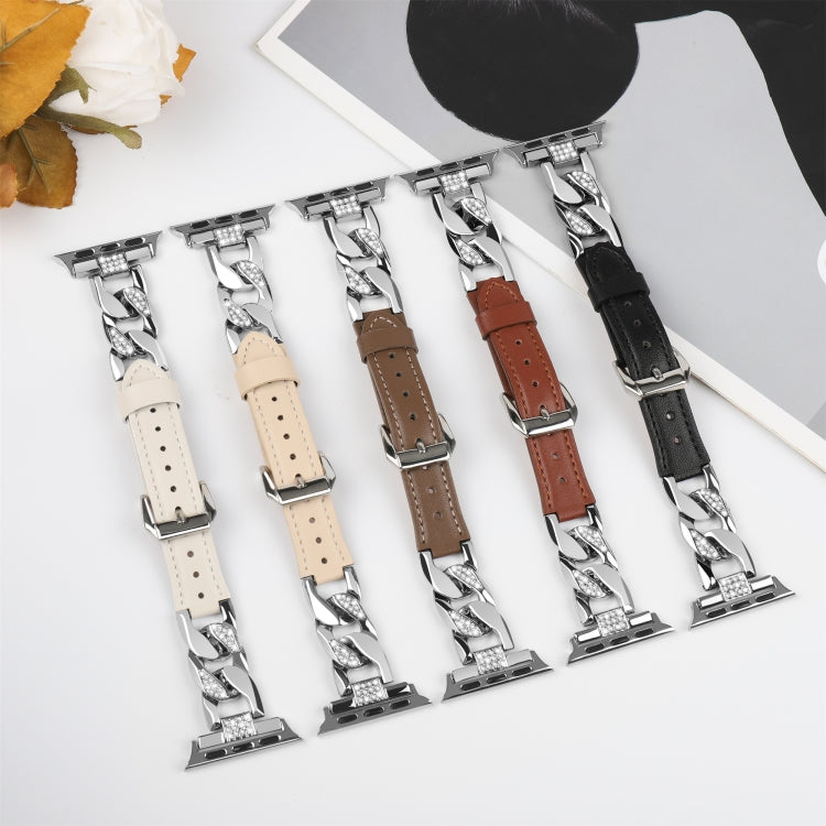 For Apple Watch SE 2022 40mm Rhinestone Denim Chain Leather Watch Band(Dark Brown) - Watch Bands by PMC Jewellery | Online Shopping South Africa | PMC Jewellery