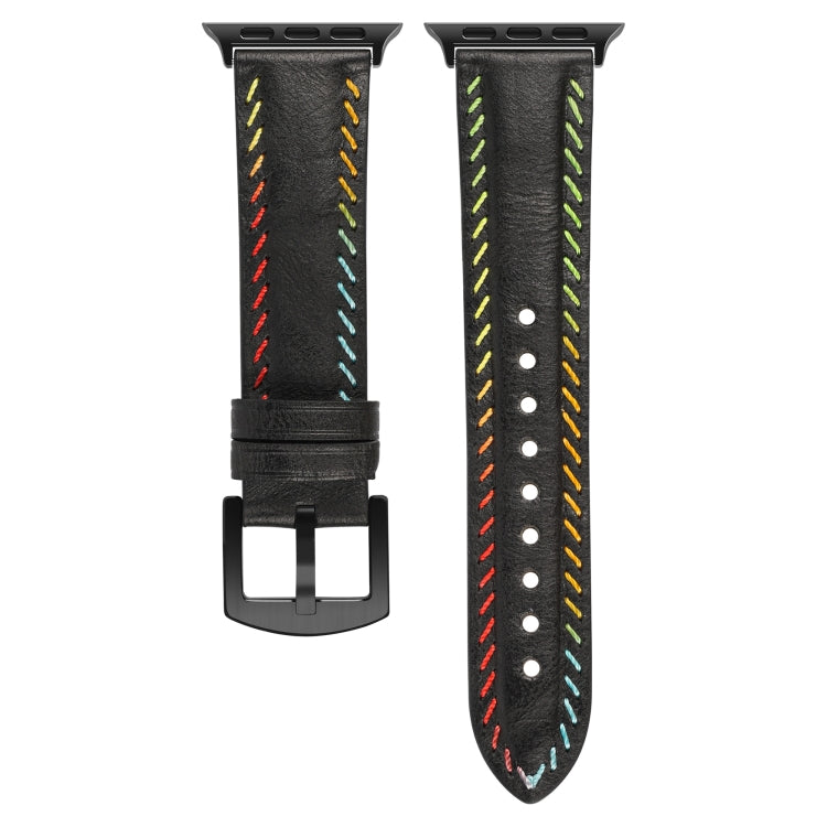 For Apple Watch SE 2023 40mm Colorful Sewing Thread Leather Watch Band(Black) - Watch Bands by PMC TechLife | Online Shopping South Africa | PMC TechLife