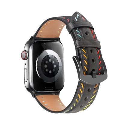 For Apple Watch Ultra 2 49mm Colorful Sewing Thread Leather Watch Band(Black) - Watch Bands by PMC Jewellery | Online Shopping South Africa | PMC Jewellery