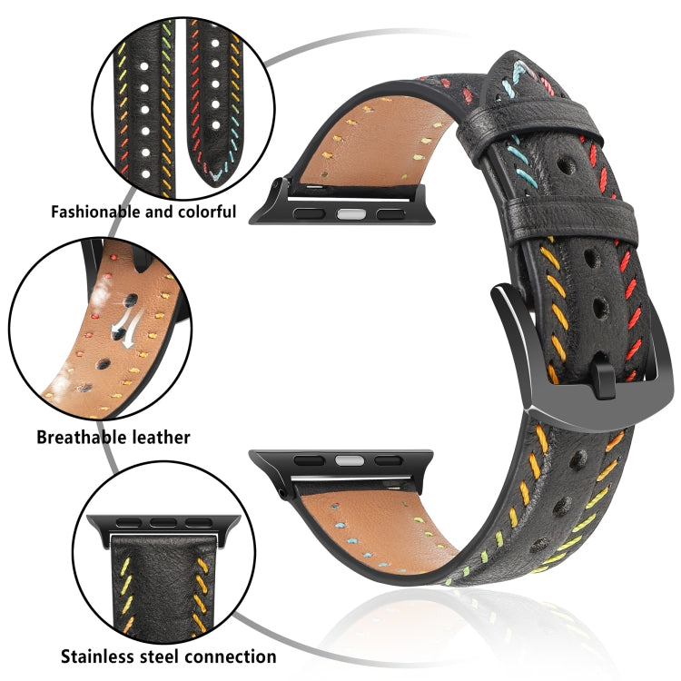 For Apple Watch Series 9 45mm Colorful Sewing Thread Leather Watch Band(Black) - Watch Bands by PMC Jewellery | Online Shopping South Africa | PMC Jewellery