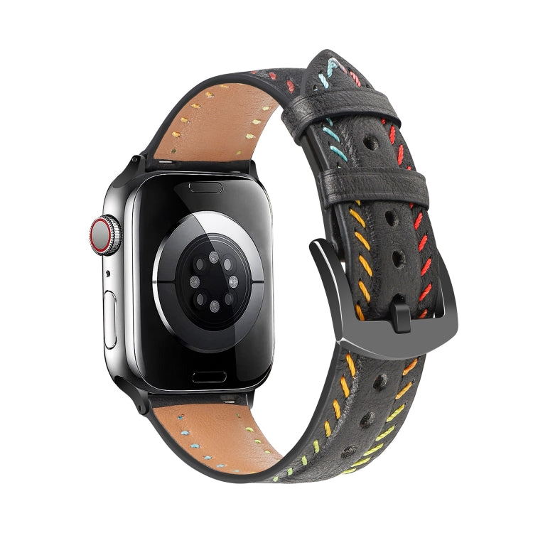 For Apple Watch Series 8 41mm Colorful Sewing Thread Leather Watch Band(Black) - Watch Bands by PMC TechLife | Online Shopping South Africa | PMC TechLife