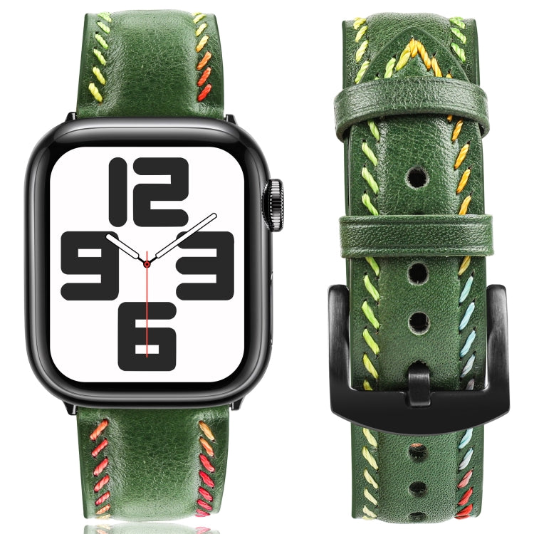 For Apple Watch Series 8 45mm Colorful Sewing Thread Leather Watch Band(Green) - Watch Bands by PMC Jewellery | Online Shopping South Africa | PMC Jewellery